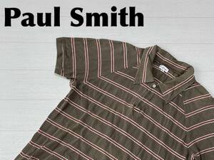 ☆送料無料☆ Paul Smith ポールスミス 古着 半袖 ボーダー ポロシャツ 日本製 メンズ M グレーブラウン トップス 中古 即決