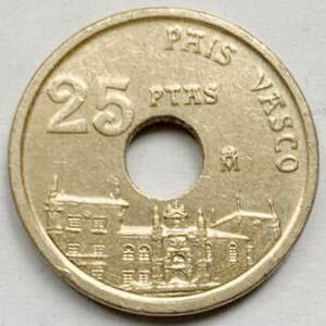 海外コイン　スペイン　25ぺセタ記念硬貨　穴　1993年