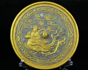 漢代　描金　人物と鳳凰紋古銅鏡