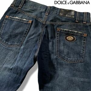 極美品/Lサイズ●ドルチェ&ガッバーナ デニム ジーンズ ジーパン パンツ DOLCE&GABBANA インディゴブルー DGロゴプレート レザーパッチ 48