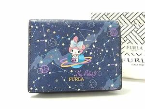 1円 ■極美品■ FURLA フルラ Hello KITTY マイメロディ コラボ レザー 二つ折り 財布 ウォレット ネイビー系×マルチカラー BJ0707