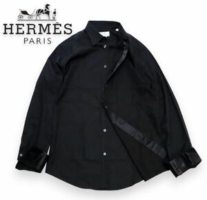 国内正規品 HERMES MEN SILK×COTTON セリエメタルボタン 長袖シャツ エルメス シルク×コットン L/S SHIRT ドレスSHIRT 黒 15/36 JK-12