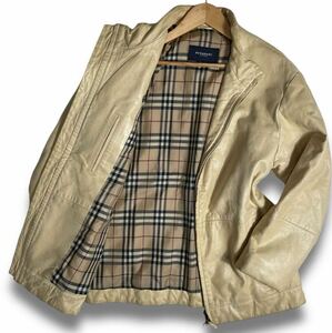 極上ラムレザー◎バーバリーロンドン 羊革 本革 レザージャケット ライダース ブルゾン ノバチェック BURBERRY LONDON メンズ ベージュ M