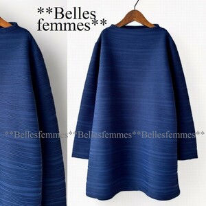 ★Belles*★新品★送料185円*春*ネイビー*ウェーブプリーツチュニック*定番人気*ボトルネック*ご旅行に*ヒップラインをカバー*20207*ミセス