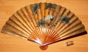 特大 扇 手描き 鶴 松 日の出 和風インテリア 中国美術 花鳥 茶道具 和室 縁起物