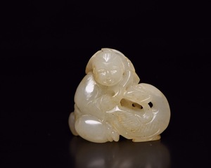 【古寶奇蔵】和田玉製・細密彫・童子戲鵝・置物・賞物・中国時代美術