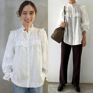 定価24,860円 美品 Cloth＆Cross クロス&クロス フリルカラー リネン 梯子レースブラウス WHITE ハグオーワー HUG O WaR