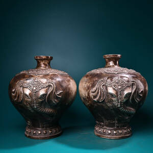 【蔵友館蔵品・銅製・銀鍍・大象花瓶一對】・希少珍品・置物・賞物・中国時代美術
