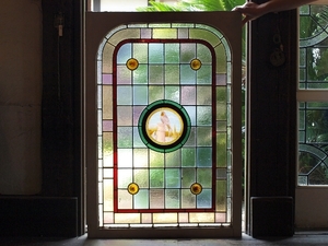 ■アンティークステンドグラス12372 エナメル絵付け 鳥 風景 装飾 ロンデルガラス 英国 イギリス 窓 ドア 内装に ■