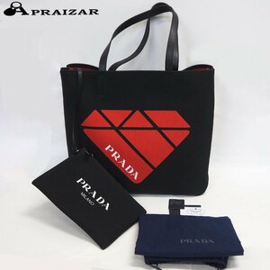 PRADA プラダ キャンバス レザー ビッグ トートバッグ ポーチ付き ブラック/レッド ユニセックス [50145]