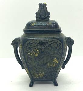 銅製　香炉　美術品　金属工芸品　青銅器　骨董品　四足　雲龍　中国　唐銅　双耳/3372