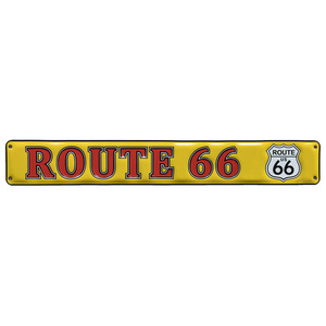看板 エンボス メタルサイン Route 66 ルート66 赤文字×黄背景 高さ8.5×幅59cm ブリキ看板 店舗 インテリア
