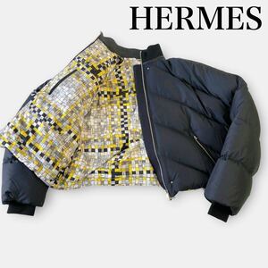 HERMES エルメス 19AW ボルデュック柄×無地 マルチ　黒36 レディース ダウンジャケット S〜M ゴルチエ期 リバーシブル 総柄　まとめ可