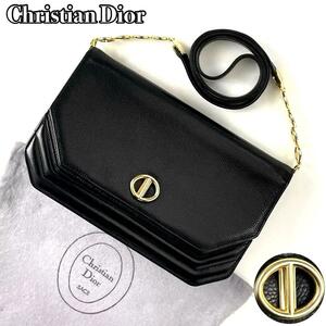 【美品】Christian Dior ディオール ショルダーバッグ CD ゴールド金具 チェーン 斜め掛け シボ革 レザー 黒 ブラック フォーマル 男女兼用