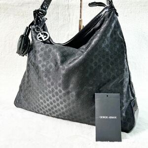 X288【美品】GIORGIO ARMANI／ジョルジオアルマーニ　ハンドバッグ　トートバッグ　総柄　大容量　フリンジ　黒　ブラック　レディース