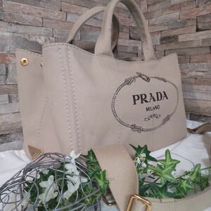 1円 【ほぼ未使用！！】PRADA プラダ カナパ 2way ハンドバッグ トートバッグ ショルダーバッグ キャンバス ベージュ系 1スタ