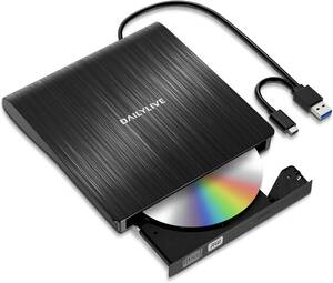 【2024新登場】DAILYLIVE ブラック 外付けDVD/CDドライブ DVDレコ DVD-Rプレイヤー USB3.0&Type-C両用 内蔵ケーブル