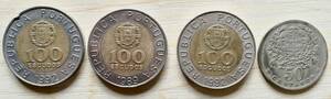 ＜フランス本＞　送料無料　外国コイン　硬貨　ポルトガル 　１００エスクードx３枚　５０センタボx１枚　計４枚