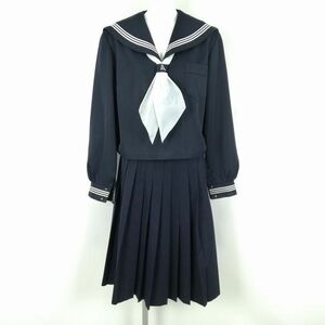 1円 セーラー服 スカート スカーフ 上下3点セット 180A 大きいサイズ 冬物 白3本線 女子 学生服 中学 高校 紺 制服 中古 ランクC NA0210