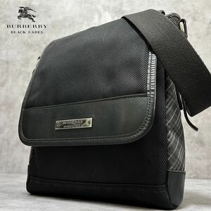 美品/レア●BURBERRY バーバリーブラックレーベル ショルダーバッグ メッセンジャー 斜め掛け ノバチェック ナイロン レザー 黒 ビジネス