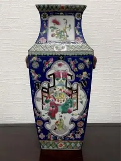 中国  清时代  粉彩 色絵 花鳥人物図  双耳四方瓶 古玩 古美術