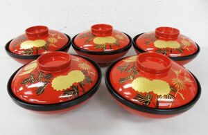 A067★漆器? 朱塗 菊 吸物椀 汁椀 蓋付椀 御椀 5客 漆塗り 漆芸 工芸品 現状品★04