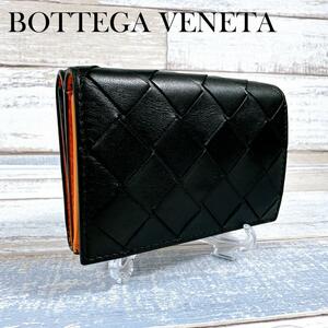 BOTTEGA VENETA ボッテガヴェネタ イントレチャート タイニー 三つ折り財布 667036 3つ折り財布 コンパクトウォレット ブラック オレンジ