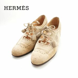 HERMES エルメス 35 22.0 ウィングチップパンプス フランス製 ヒール レースアップ スエード ブラウンベージュ/KC22