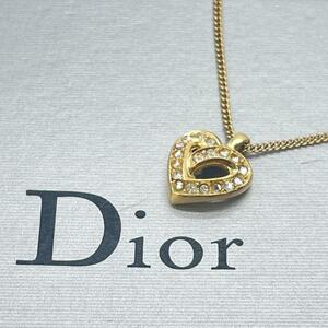 美品 クリスチャンディオール Christian Dior ネックレス アクセサリー ハート モチーフ ロゴ 文字 ラインストーン 刻印 ゴールド 金