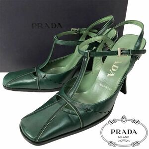 j216 PRADA プラダ レザー パンプス 本革 シューズ アンクルストラップ サンダル グリーン 35 イタリア製 正規品 レディース