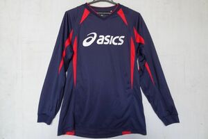 asics/アシックス/長袖プルオーバー/Vネック/速乾性素材/赤切替/ロゴプリント/袖口リブ/スポーツ/紺/ネイビー(7/3R)