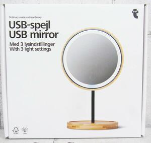 鏡 LED 卓上ミラー 化粧鏡 化粧ミラー USB充電式 鏡 3種類のライト設定 バンブー素材 おしゃれ メイク 女優ライト 180°回転 現状品 