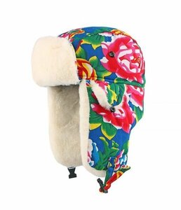 パイロットキャップ 民族風 大花柄 ロシア帽子 防風 防寒 耳あて付 ロシア帽 57cm BL 冬 RC25-2