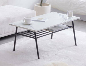 センターテーブル テーブル 木製 ローテーブル 棚付きセンターテーブル 幅80cm マーブルホワイト色　大理石柄