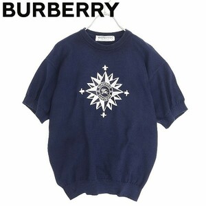ヴィンテージ◆BURBERRYS バーバリー ロゴ刺繍 半袖 コットン ニット セーター 紺 ネイビー 38