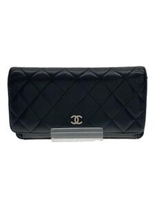 CHANEL◆長サイフ_マトラッセ_キャビアスキン_フラップ_BLK/羊革/BLK/レディース