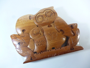 ξ 組み木 ふくろうの親子 オブジェ 組み木細工 組木 パズルアート 木製 飾り 寄木 パズル 玩具 動物 フクロウ