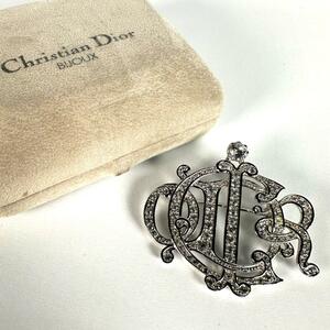 Christian Dior エンブレム ラインストーン ブローチ シルバー クリスチャンディオール ビジューロゴ 