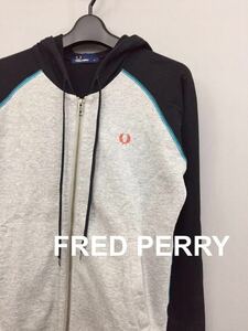 フレッドペリー FRED PERRY スウェット ジップパーカー フード ブラック×グレー メンズ Sサイズ ～▼