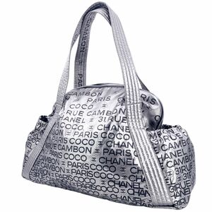 【中古】 CHANEL シャネル ボストンバッグ トートバッグ アンリミテッド シルバー 総柄 ナイロン 12番台 カード付 24011568 MK