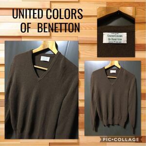 ◆UNITED COLORS OF BENETTON ベネトン 長袖 セーター Vネック リブ付き ウール 毛100% レディースM～Lぐらい やや薄手 美品