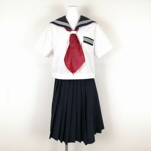 1円 セーラー服 スカート スカーフ 上下3点セット 165A カンコー 夏物 白3本線 女子 学生服 中学 高校 白 制服 中古 ランクC NA1873