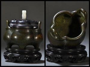 「明代 世古之寶 古銅彫 海棠形老銅香薰炉」旧銅器 置物擺件 賞物 中国古美術 旧蔵出