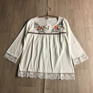 100円スタート♪ 新品　刺繍デザイン　レース切り替え　ブラウス