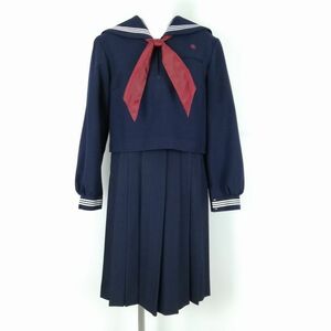 1円 セーラー服 ジャンパースカート スカーフ 上下3点セット 165A 冬物 白3本線 女子 学生服 福岡筑紫女学園高校 紺 中古 ランクC EY7975