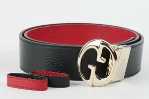 【新品同様・未使用】GUCCI グッチ Gバックル レザーベルト 約80～90㎝ メンズ ブラック×レッド【QL2】