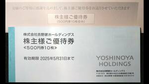 吉野家株主優待券5000円分(500円券×10枚)有効期限は2025年5月31日迄です。