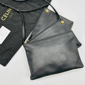 美品 セリーヌ CELINE トリオ ショルダーバッグ ポシェット 旧ロゴ フィービー期 クロスボディバッグ 黒 レザー 革