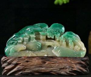 ■観心・時代旧蔵■C6016寿山石 翡翠緑 渓山訪友 寿山石細密彫 擺件 置物 賞物