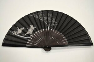 山笠 祭り 用品　粋　男物 扇子 上質　黒 鳥獣戯画　シルク 竹　着物 浴衣 作務衣　sensu-015